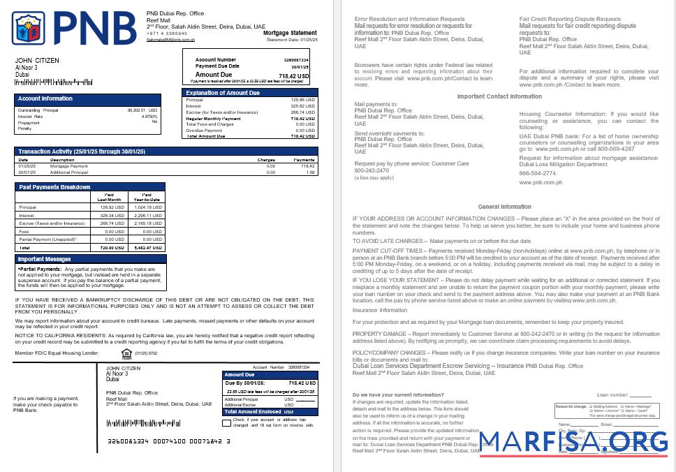 Realistic UAE Dubai PNB bank mortgage statement in Word and PDF formats download for verification